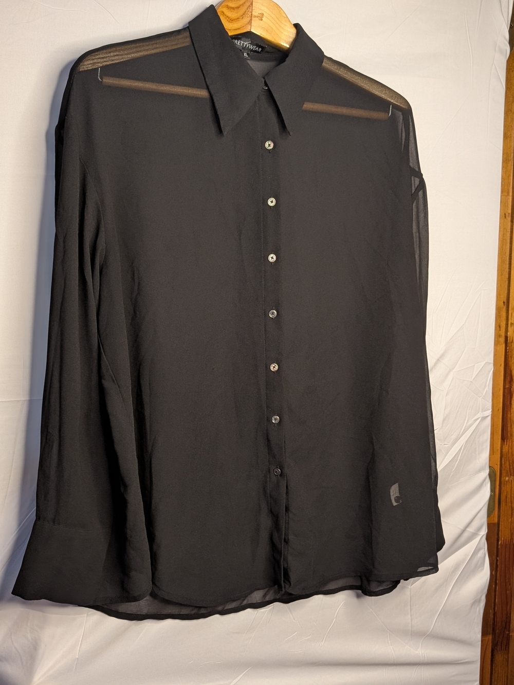 Prettywear Black Sheer Chiffon Button Down Blouse Shirt Size XL